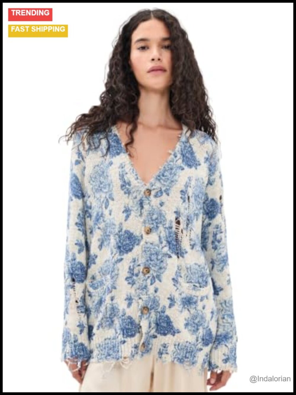 R13 Boyfriend Cardigan Knit Sweater Distressed Floral V-Neck